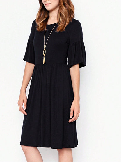 Boho Retro Yellow Black Navy Ruffle Short Sleeve Solid Color Rayon Smooth Cool Classic Dress