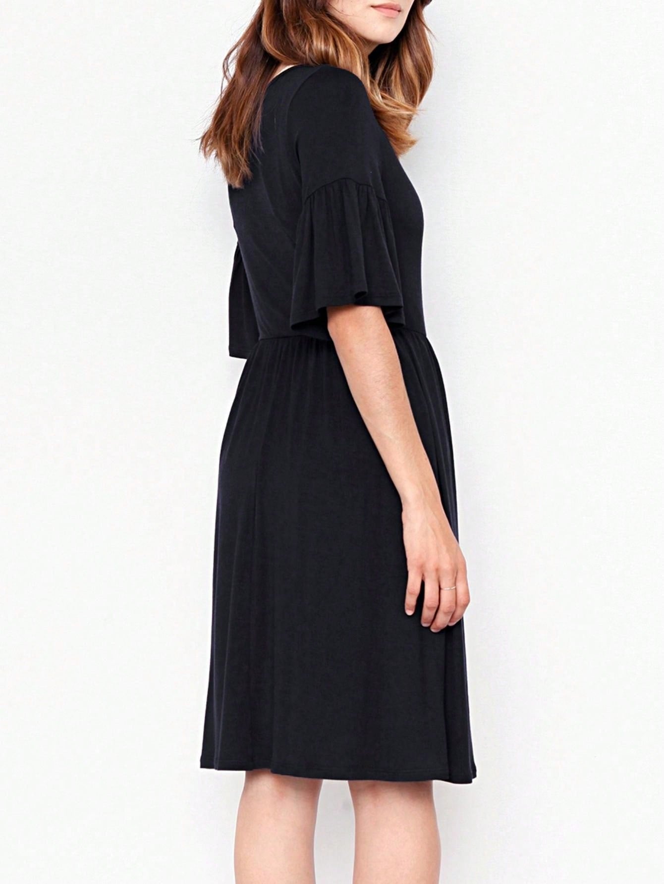 Boho Retro Yellow Black Navy Ruffle Short Sleeve Solid Color Rayon Smooth Cool Classic Dress