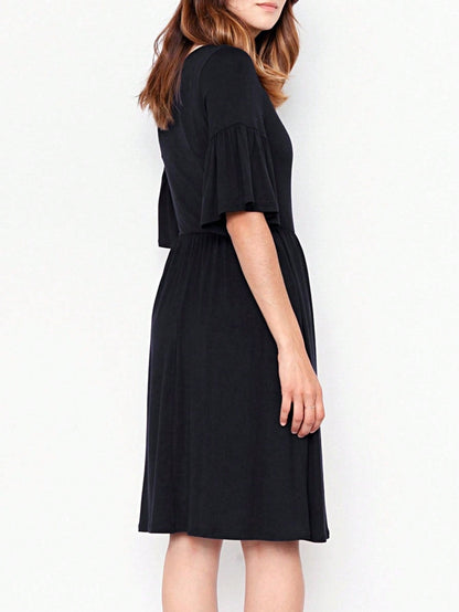 Boho Retro Yellow Black Navy Ruffle Short Sleeve Solid Color Rayon Smooth Cool Classic Dress