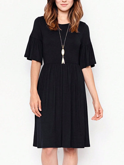 Boho Retro Yellow Black Navy Ruffle Short Sleeve Solid Color Rayon Smooth Cool Classic Dress