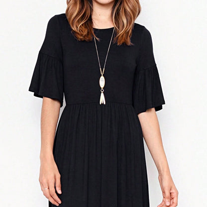 Boho Retro Yellow Black Navy Ruffle Short Sleeve Solid Color Rayon Smooth Cool Classic Dress