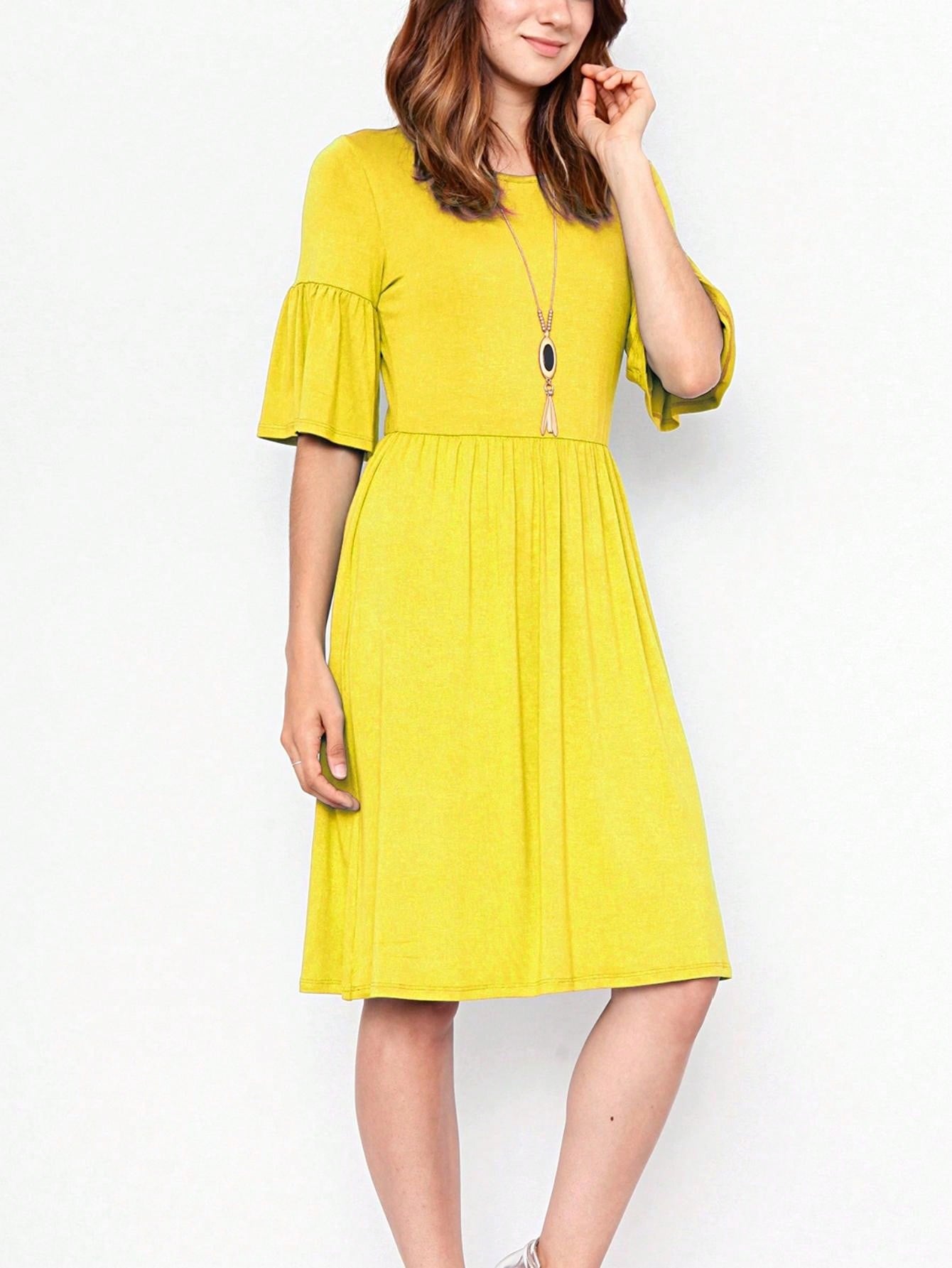 Boho Retro Yellow Black Navy Ruffle Short Sleeve Solid Color Rayon Smooth Cool Classic Dress