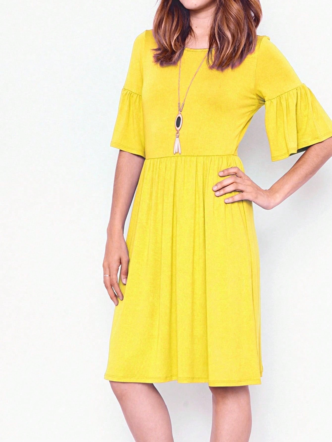 Boho Retro Yellow Black Navy Ruffle Short Sleeve Solid Color Rayon Smooth Cool Classic Dress