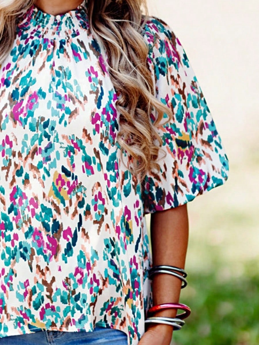 Boho Retro Vintage 60's Vibe Rose  Abstract Print Shirred Mock Button Neck Lantern Puff Bubble Sleeve Top Shirt Blouse