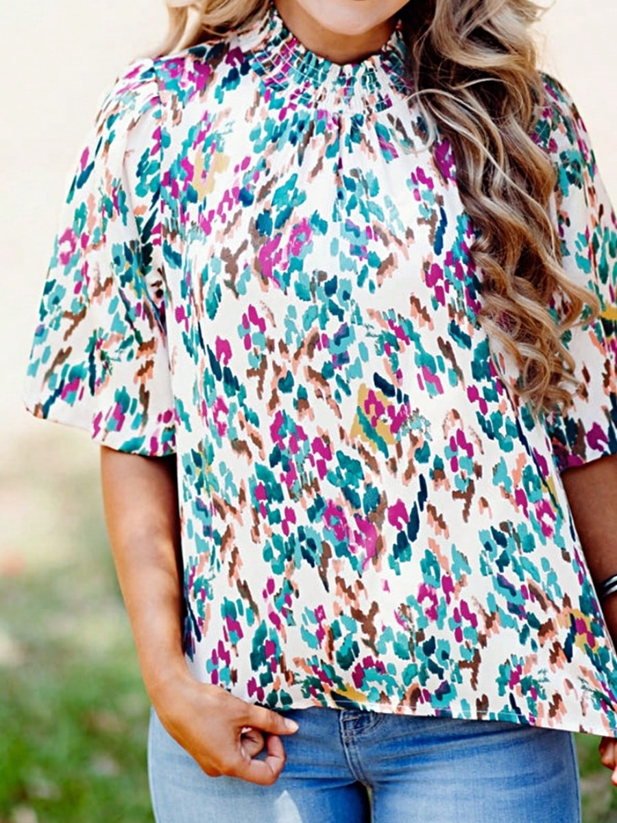 Boho Retro Vintage 60's Vibe Rose  Abstract Print Shirred Mock Button Neck Lantern Puff Bubble Sleeve Top Shirt Blouse