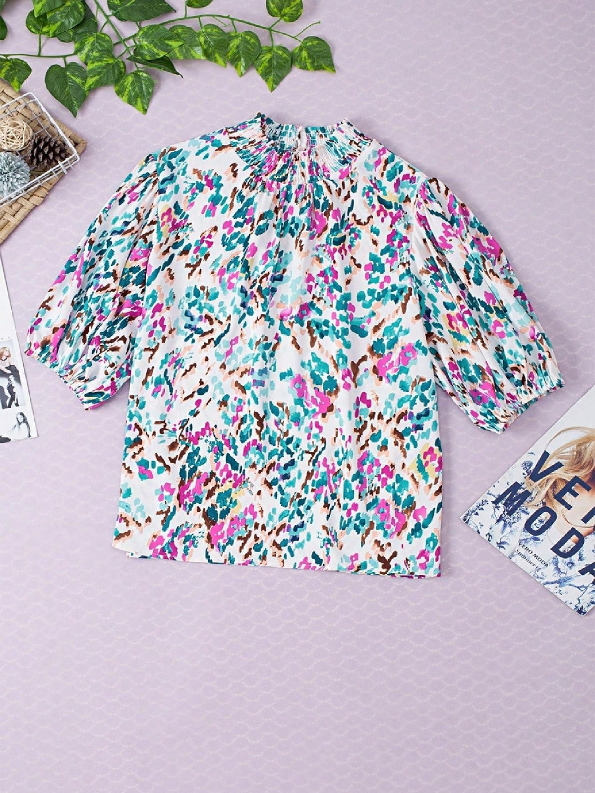 Boho Retro Vintage 60's Vibe Rose  Abstract Print Shirred Mock Button Neck Lantern Puff Bubble Sleeve Top Shirt Blouse