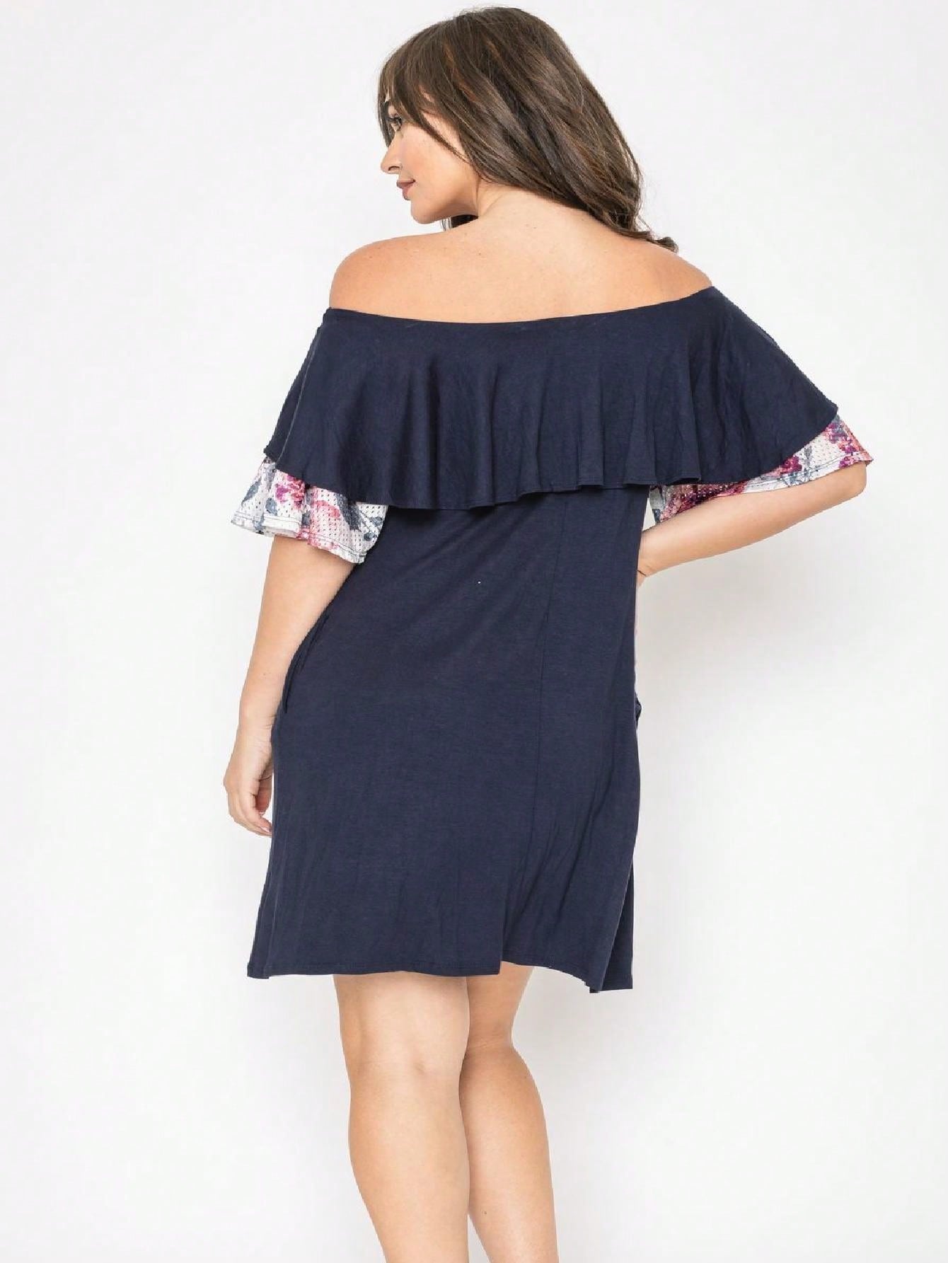 Boho Retro Off Shoulder Rayon  Mini Dress Ruffle Flounce Sleeve Lace Detail With Pockets