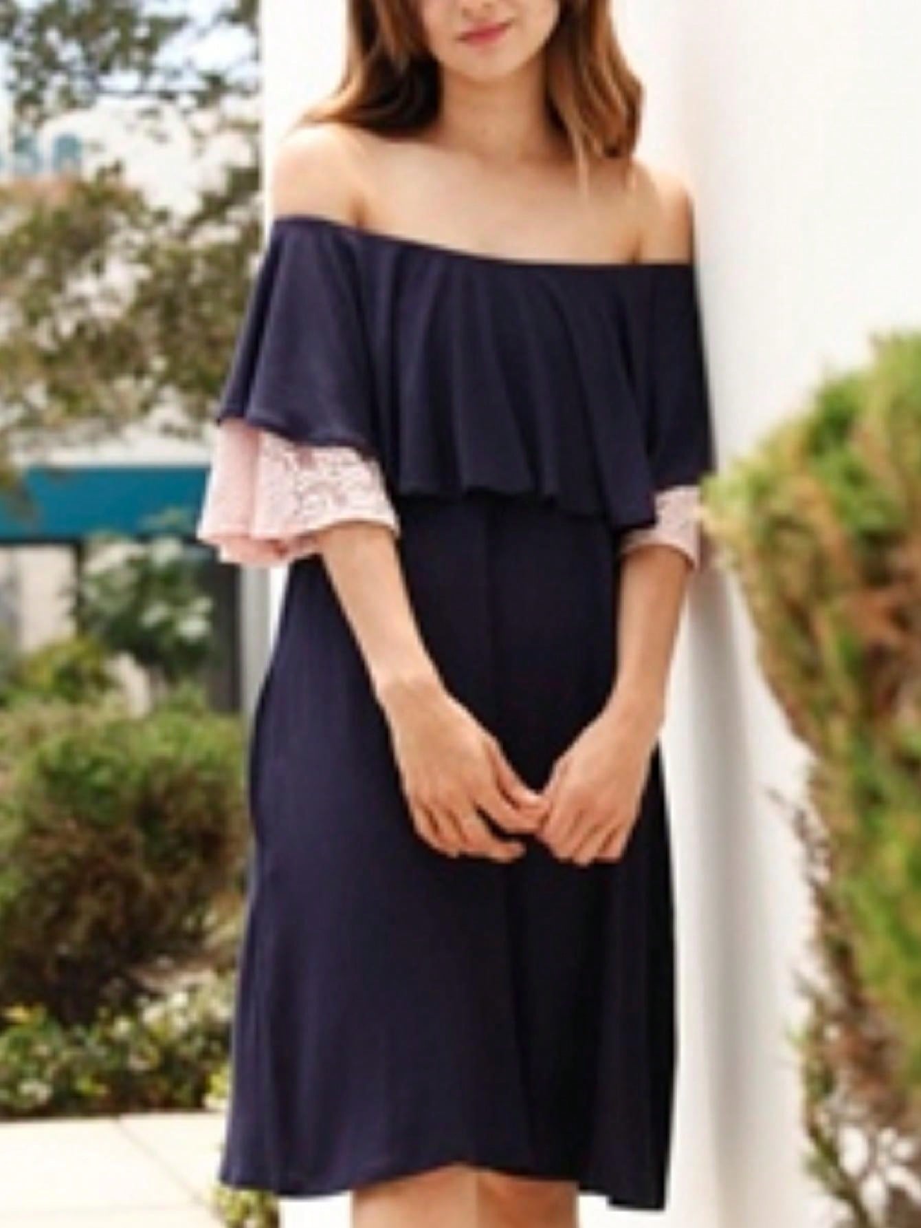 Boho Retro Off Shoulder Rayon  Mini Dress Ruffle Flounce Sleeve Lace Detail With Pockets