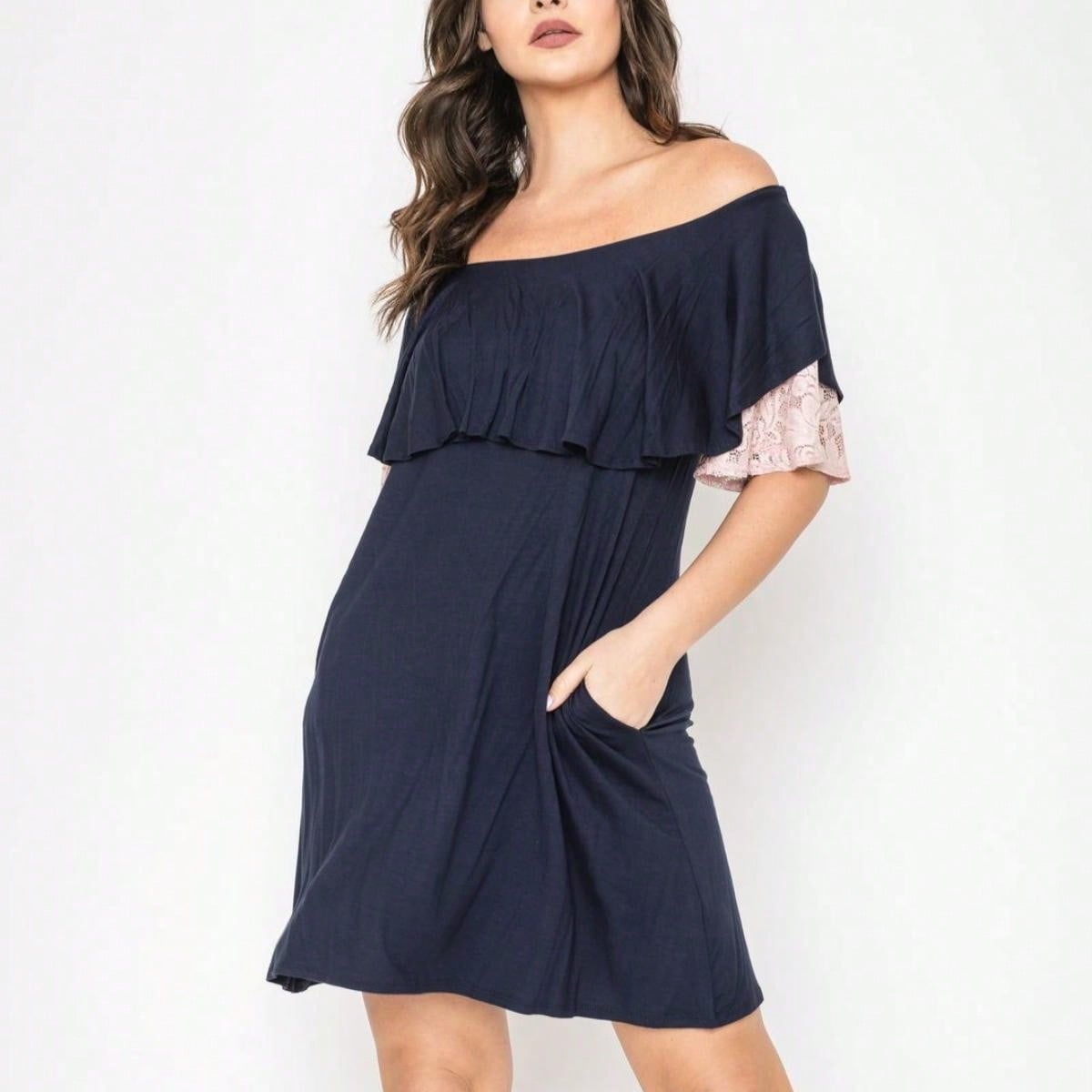 Boho Retro Off Shoulder Rayon  Mini Dress Ruffle Flounce Sleeve Lace Detail With Pockets