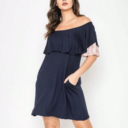 Boho Retro Off Shoulder Rayon  Mini Dress Ruffle Flounce Sleeve Lace Detail With Pockets