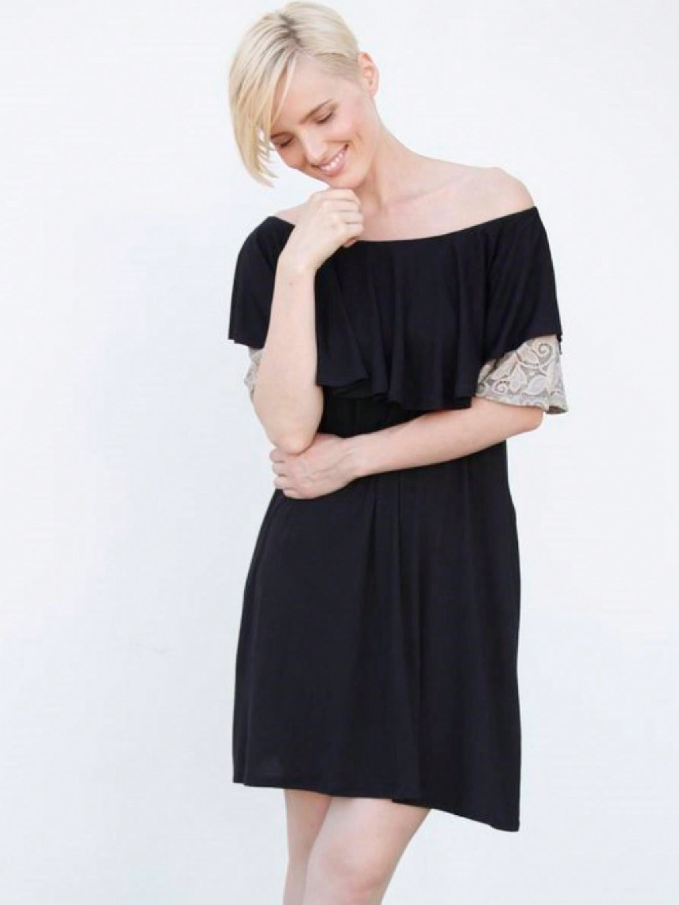 Boho Retro Off Shoulder Rayon  Mini Dress Ruffle Flounce Sleeve Lace Detail With Pockets