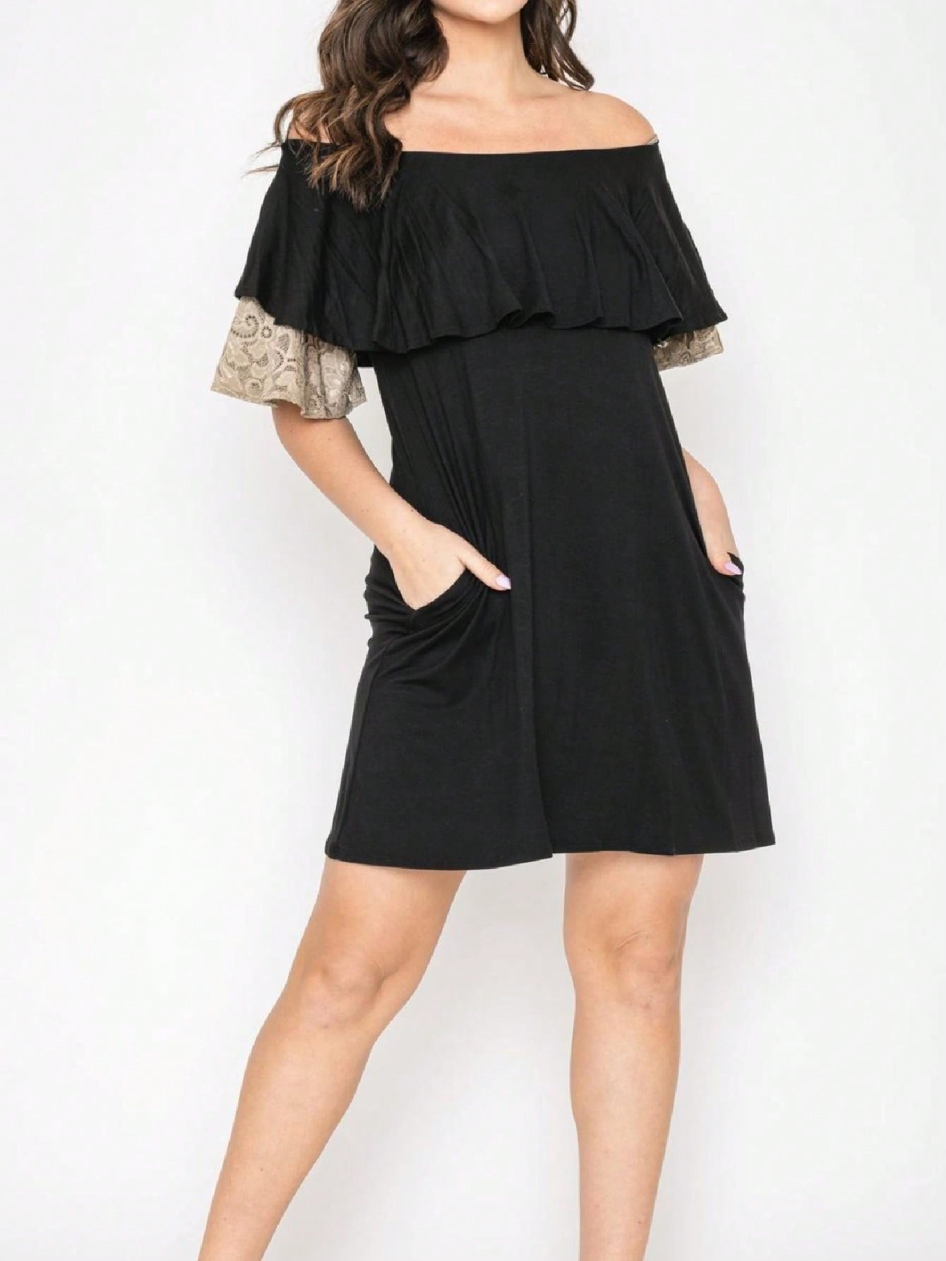 Boho Retro Off Shoulder Rayon  Mini Dress Ruffle Flounce Sleeve Lace Detail With Pockets