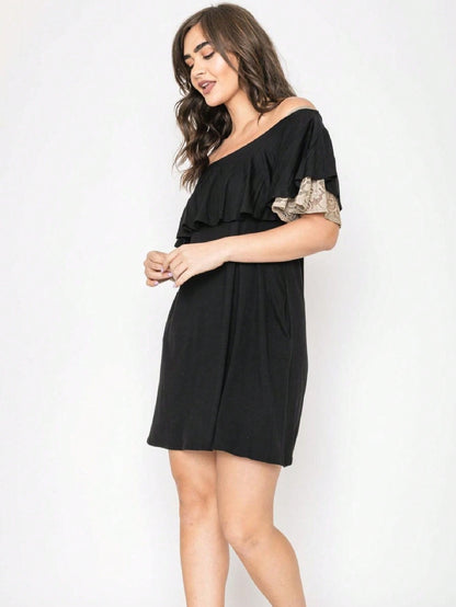 Boho Retro Off Shoulder Rayon  Mini Dress Ruffle Flounce Sleeve Lace Detail With Pockets