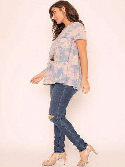 Brushed Boho Retro Vintage 60's Tiered Tie Dye Light Pink Blue Short Sleeve Tunic Shirt Top
