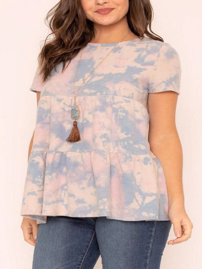 Brushed Boho Retro Vintage 60's Tiered Tie Dye Light Pink Blue Short Sleeve Tunic Shirt Top