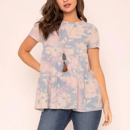 Brushed Boho Retro Vintage 60's Tiered Tie Dye Light Pink Blue Short Sleeve Tunic Shirt Top