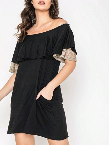 Boho Retro Off Shoulder Rayon  Mini Dress Ruffle Flounce Sleeve Lace Detail With Pockets
