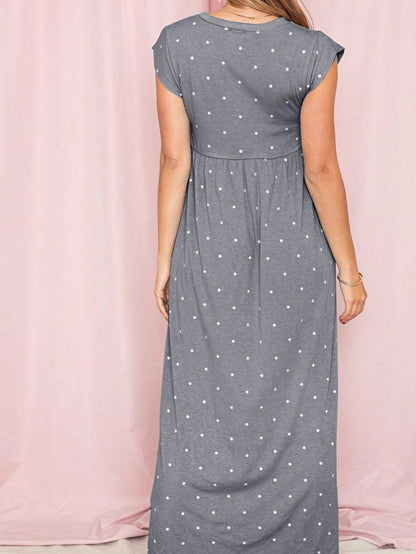 Boho Retro Polka Dot Rayon Mix Casual  Maxi Dress With Folded Cap Sleeve Side Pockets Versatile Summer Dress For Women