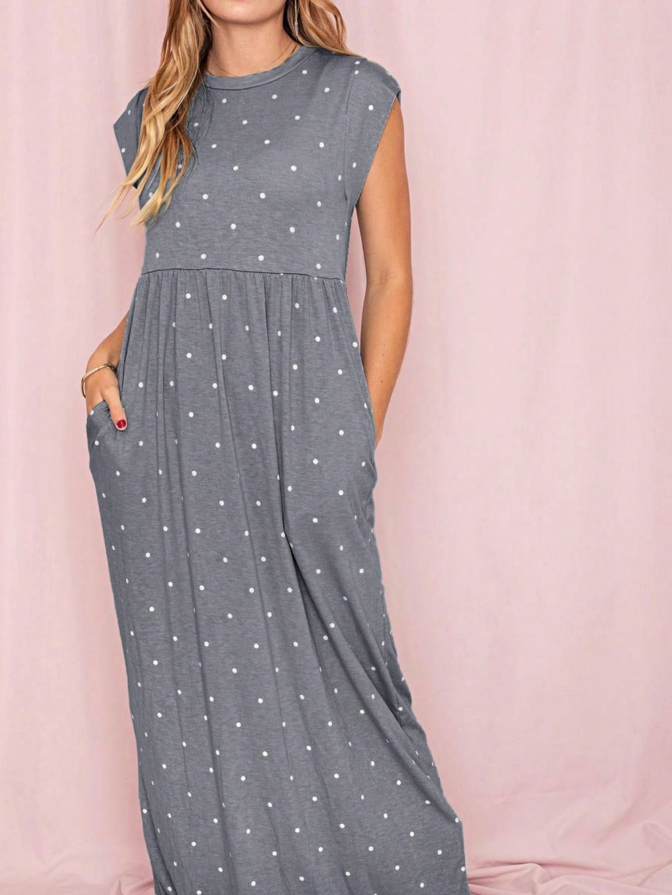 Boho Retro Polka Dot Rayon Mix Casual  Maxi Dress With Folded Cap Sleeve Side Pockets Versatile Summer Dress For Women