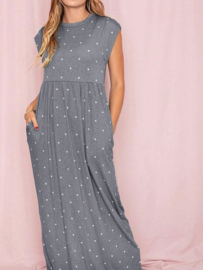 Boho Retro Polka Dot Rayon Mix Casual  Maxi Dress With Folded Cap Sleeve Side Pockets Versatile Summer Dress For Women