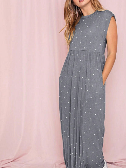 Boho Retro Polka Dot Rayon Mix Casual  Maxi Dress With Folded Cap Sleeve Side Pockets Versatile Summer Dress For Women
