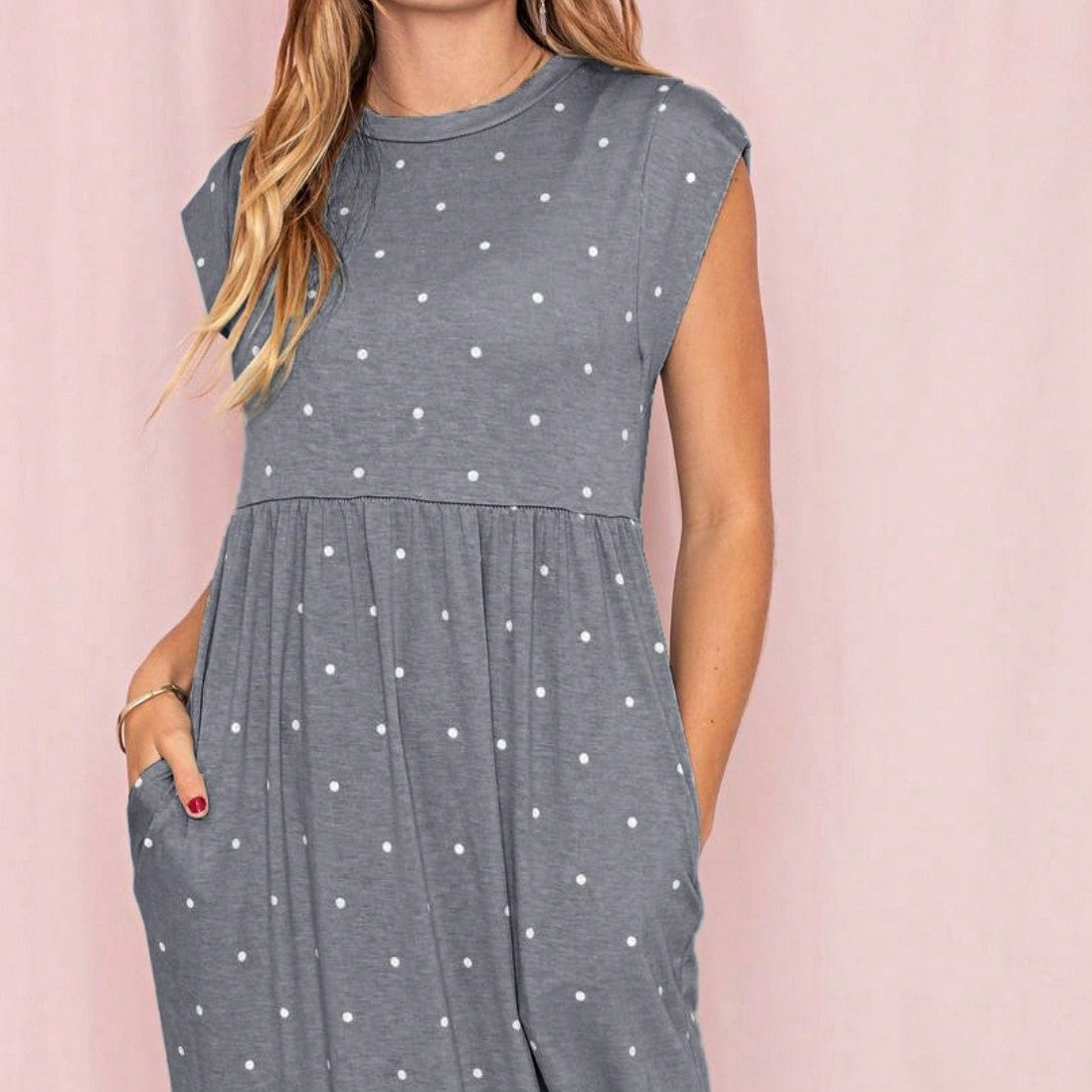 Boho Retro Polka Dot Rayon Mix Casual  Maxi Dress With Folded Cap Sleeve Side Pockets Versatile Summer Dress For Women