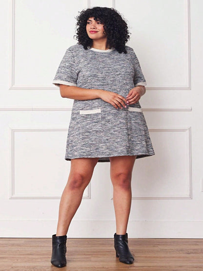 Boho Retro Preppy Tweed  Classic Cotton Mix Ivory  Pink And Blue Threads Short Sleeve Shift Pocket  Dress Small To 3XL Plus