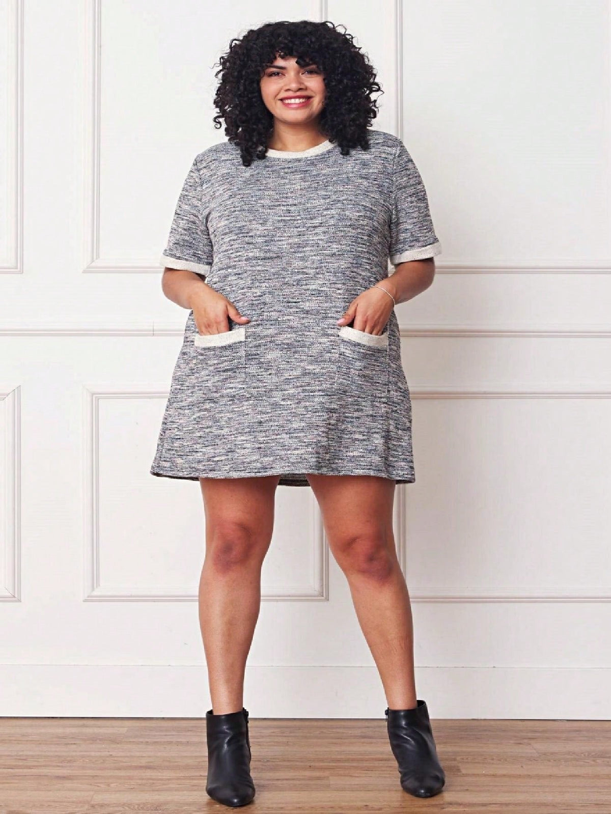 Boho Retro Preppy Tweed  Classic Cotton Mix Ivory  Pink And Blue Threads Short Sleeve Shift Pocket  Dress Small To 3XL Plus