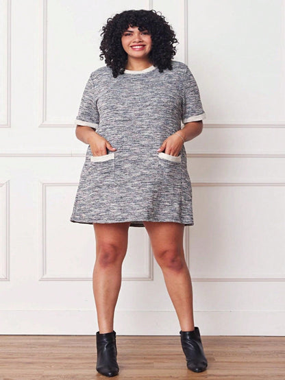 Boho Retro Preppy Tweed  Classic Cotton Mix Ivory  Pink And Blue Threads Short Sleeve Shift Pocket  Dress Small To 3XL Plus