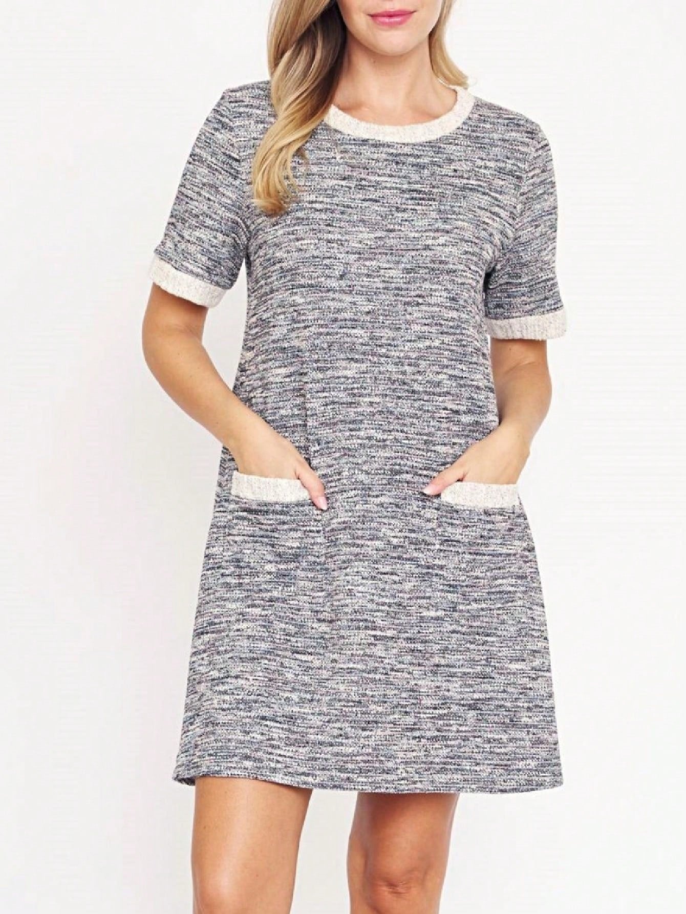 Boho Retro Preppy Tweed  Classic Cotton Mix Ivory  Pink And Blue Threads Short Sleeve Shift Pocket  Dress Small To 3XL Plus