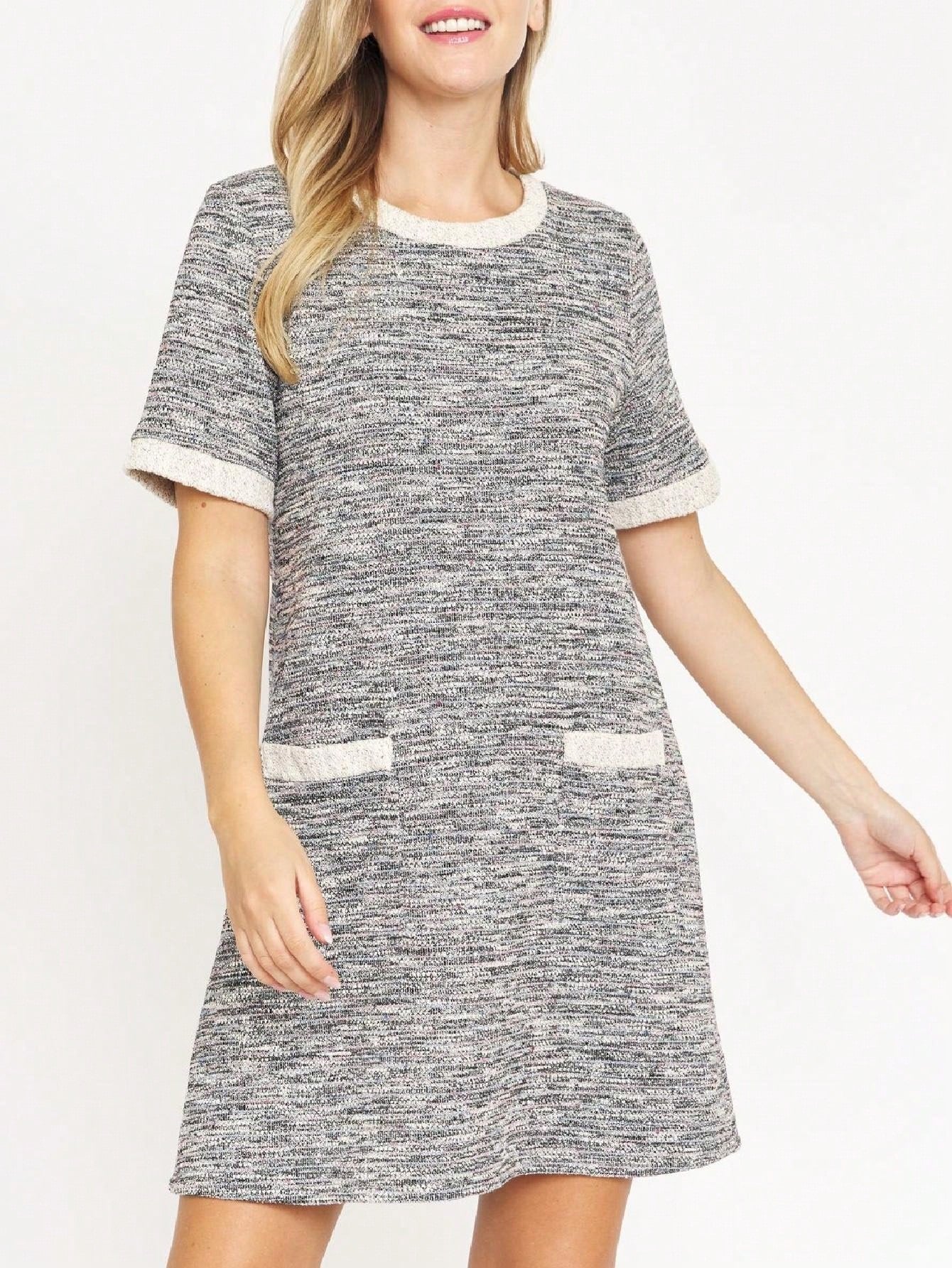 Boho Retro Preppy Tweed  Classic Cotton Mix Ivory  Pink And Blue Threads Short Sleeve Shift Pocket  Dress Small To 3XL Plus