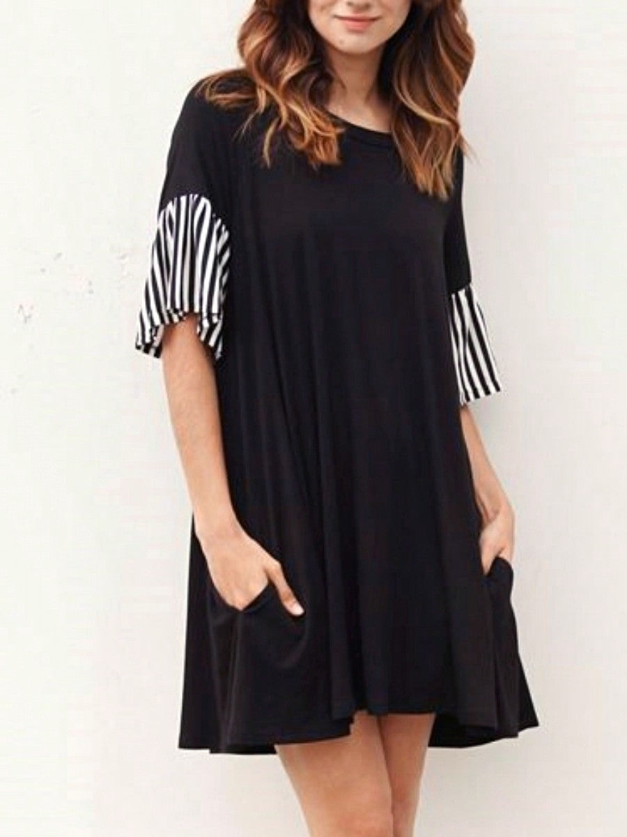 Boho Retro  Solid Stripe Ruffle Layered Sleeve Rayon  Tunic Mini Dress Flounce Sleeve