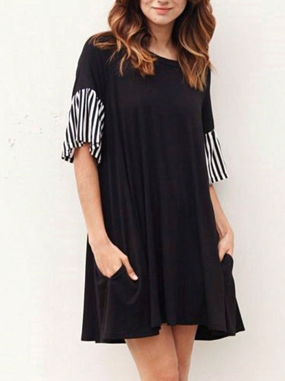Boho Retro  Solid Stripe Ruffle Layered Sleeve Rayon  Tunic Mini Dress Flounce Sleeve