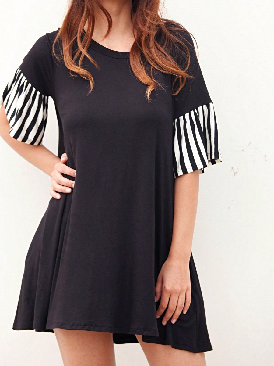 Boho Retro  Solid Stripe Ruffle Layered Sleeve Rayon  Tunic Mini Dress Flounce Sleeve