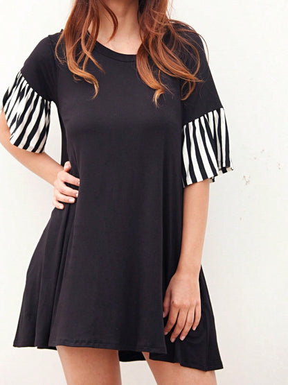 Boho Retro  Solid Stripe Ruffle Layered Sleeve Rayon  Tunic Mini Dress Flounce Sleeve