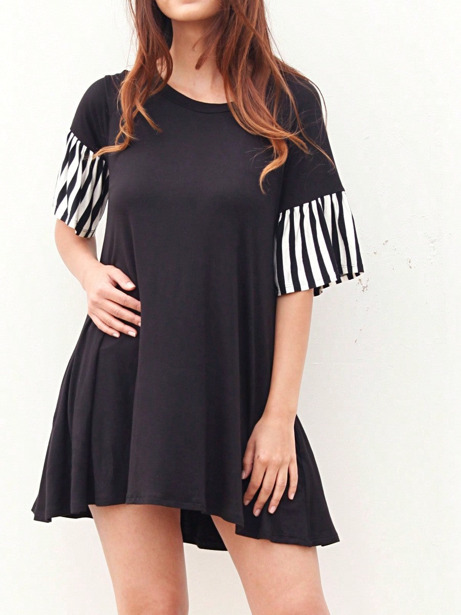 Boho Retro  Solid Stripe Ruffle Layered Sleeve Rayon  Tunic Mini Dress Flounce Sleeve