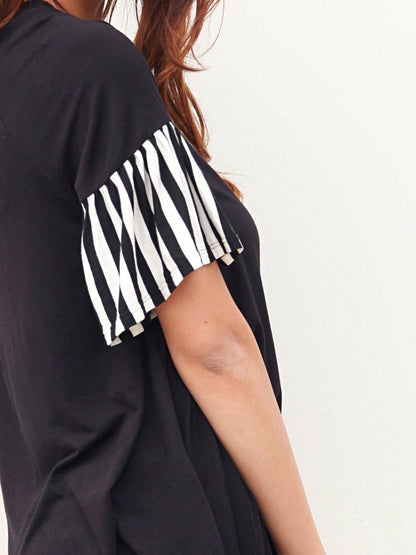 Boho Retro  Solid Stripe Ruffle Layered Sleeve Rayon  Tunic Mini Dress Flounce Sleeve