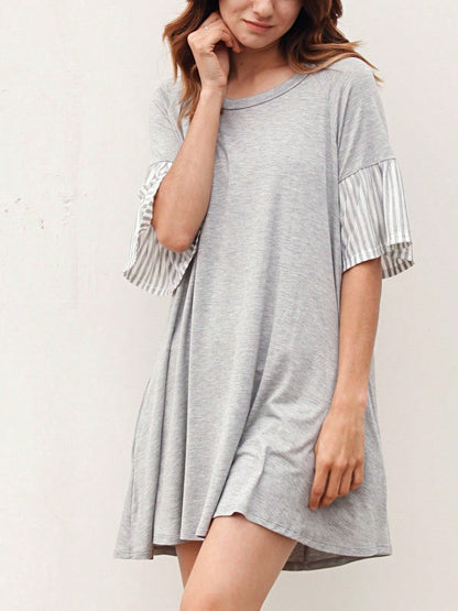 Boho Retro  Solid Stripe Ruffle Layered Sleeve Rayon  Tunic Mini Dress Flounce Sleeve