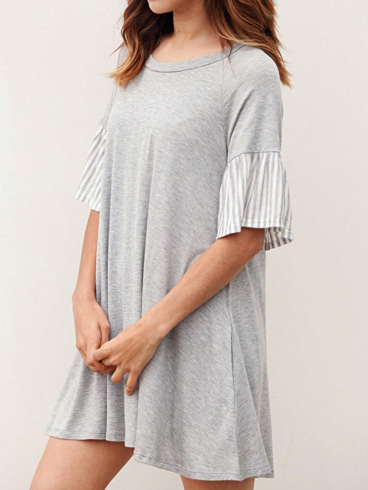 Boho Retro  Solid Stripe Ruffle Layered Sleeve Rayon  Tunic Mini Dress Flounce Sleeve