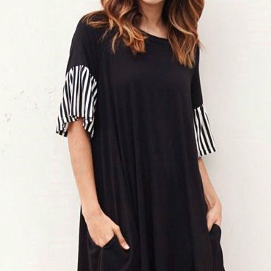 Boho Retro  Solid Stripe Ruffle Layered Sleeve Rayon  Tunic Mini Dress Flounce Sleeve