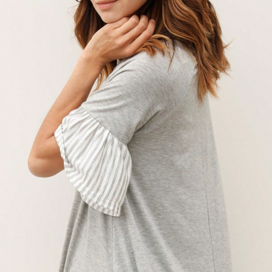 Boho Retro  Solid Stripe Ruffle Layered Sleeve Rayon  Tunic Mini Dress Flounce Sleeve