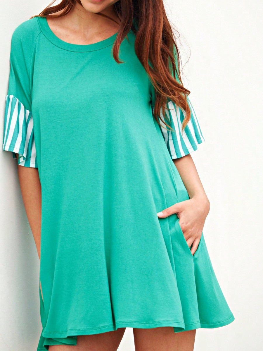 Boho Retro  Solid Stripe Ruffle Layered Sleeve Rayon  Tunic Mini Dress Flounce Sleeve