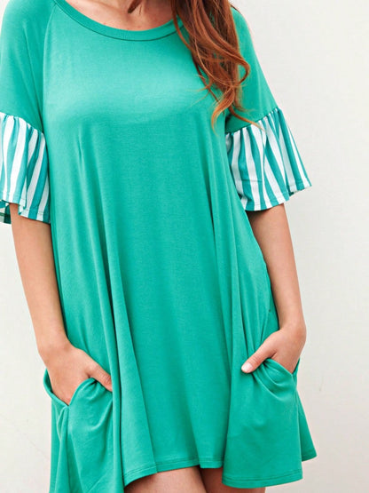 Boho Retro  Solid Stripe Ruffle Layered Sleeve Rayon  Tunic Mini Dress Flounce Sleeve