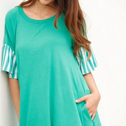 Boho Retro  Solid Stripe Ruffle Layered Sleeve Rayon  Tunic Mini Dress Flounce Sleeve