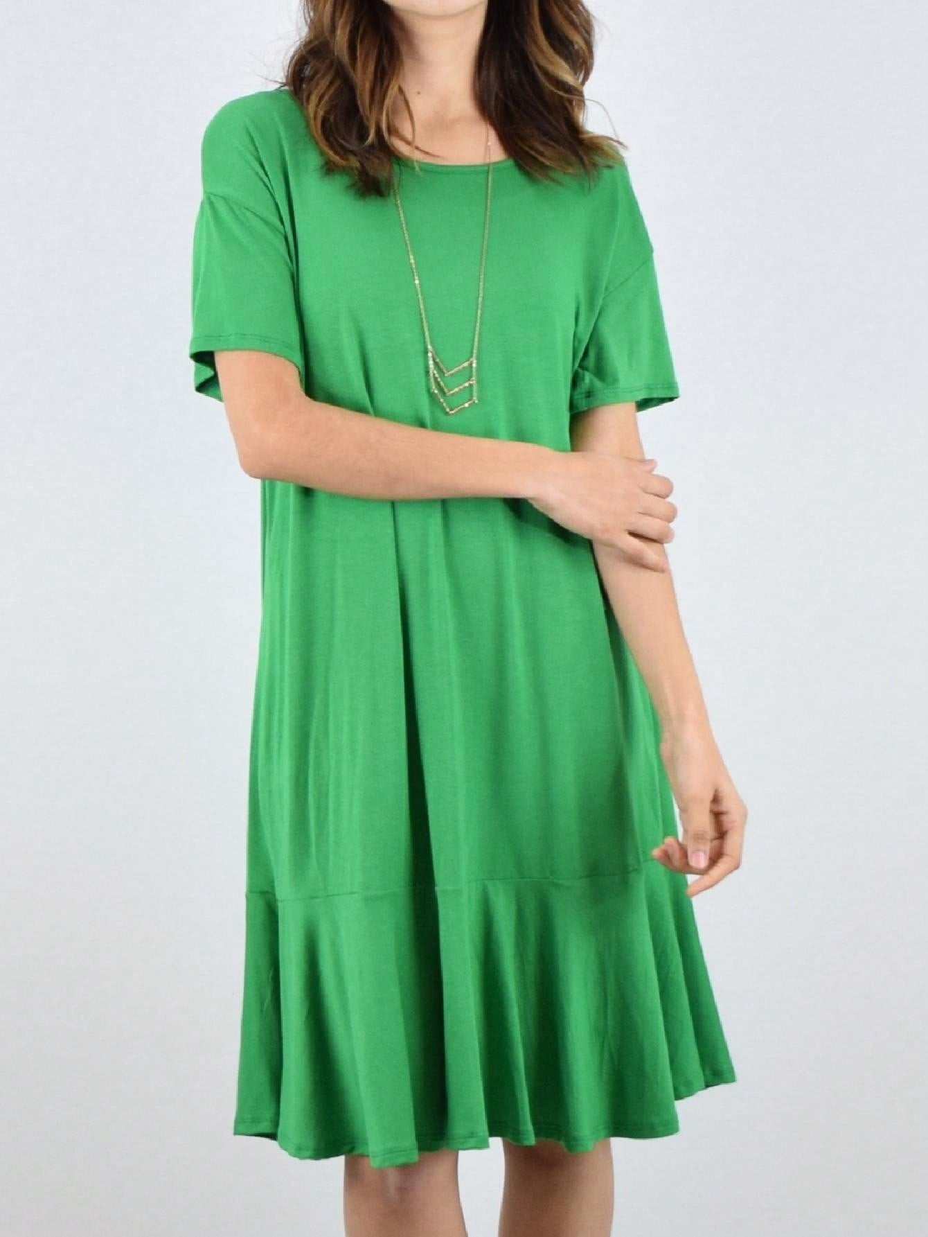 Boho Retro Kelly Green Ruffle Tiered Bottom  Short Sleeve Solid Color Rayon Smooth Cool Classic Dress