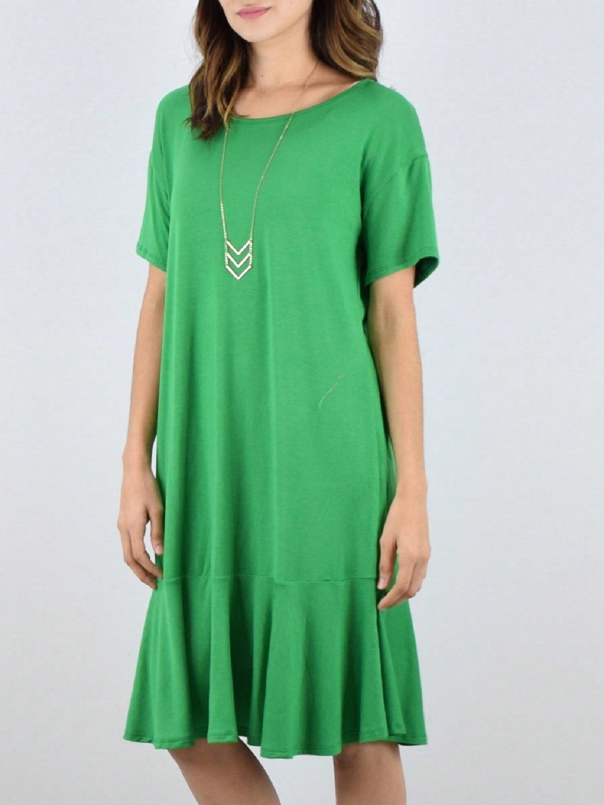Boho Retro Kelly Green Ruffle Tiered Bottom  Short Sleeve Solid Color Rayon Smooth Cool Classic Dress