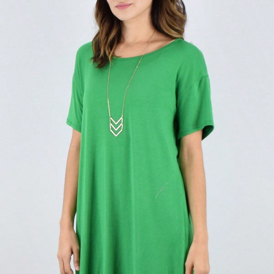 Boho Retro Kelly Green Ruffle Tiered Bottom  Short Sleeve Solid Color Rayon Smooth Cool Classic Dress