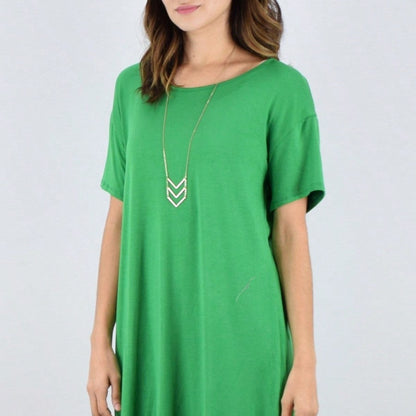 Boho Retro Kelly Green Ruffle Tiered Bottom  Short Sleeve Solid Color Rayon Smooth Cool Classic Dress