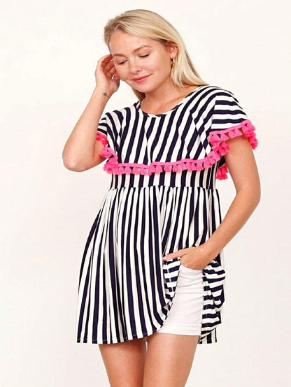 Boho Retro Stripe Pink Tassel Rayon Cool Smooth Soft Tunic Dress Top Shirt Blouse