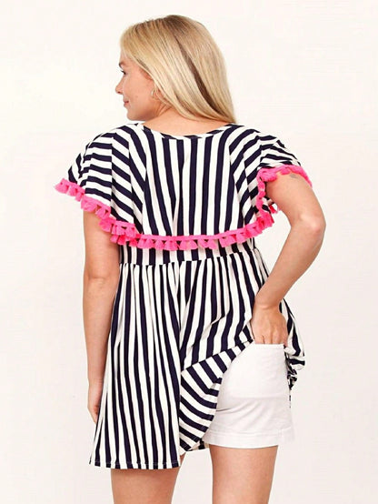 Boho Retro Stripe Pink Tassel Rayon Cool Smooth Soft Tunic Dress Top Shirt Blouse